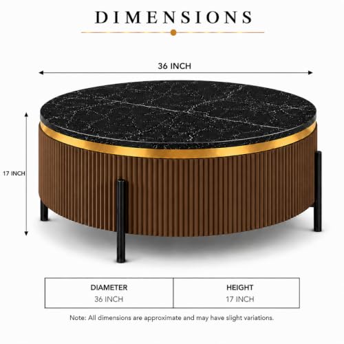 Image of WOODEN SPACE Premium Luxury Nazaara Marble-Top Coffee Table with Iron Legs & PVD Coating | Modern Round Wooden Center Table for Living Room & Entryway (Brown, 36 Inch)