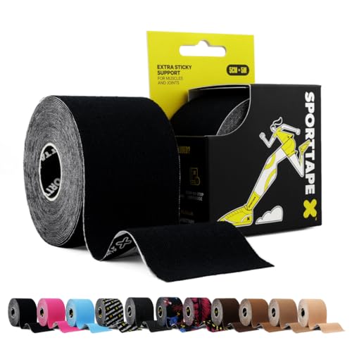 SPORTTAPE Kinesiologie Tape - Schwarz 5cm×5m Elastisch & Wasserfest Kinesiotapes/Tape Sport Hautfreundlich Baumwolle starke Haftung latexfrei für Muskel- & Gelenk-Support