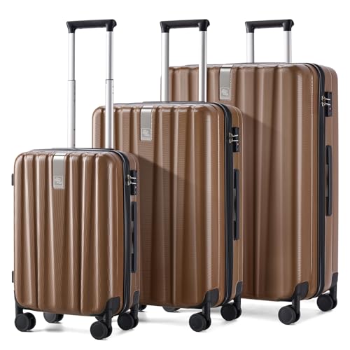 Image of Hanke Luggage Sets 3 piece Carry On Luggage with Wheels PC Hard Shell Suitcases Lightweight Checked Tsa Luggage Extra Large Travel Suitcase Woman Men 20 /24 /29 Inch （Brown）