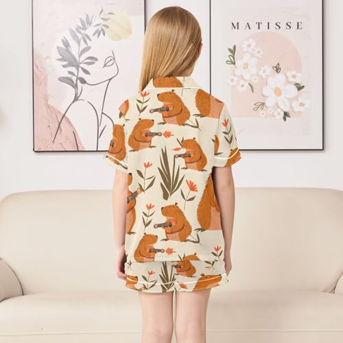 ALAZA Capybara Guitar Blossom Leaf Satin Pajamas Set Short Sleeve Button Down Sleepwear Summer Pjs 2 Piece4