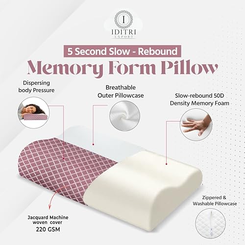 Image of Neck Support Pillow, Memory Foam Contour Design for Sleeping, Orthopedic Cervical Support for Side and Back Sleepers, Slow Rebound, Washable Cover, Mroon, 48 x 30 cm, Daily