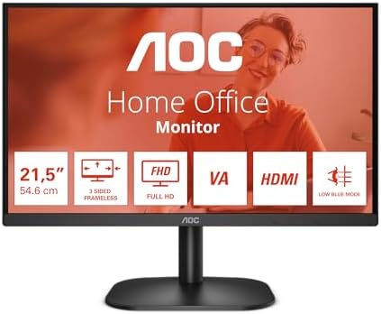 AOC 22B2H - 22 inç FHD Monitör (1920 x 1080, 60 Hz, VGA, HDMI) Siyah Ekran 22" Bilgisayar Ekranı Siyah Ofis Muayenehane POS Kasa Sistemleri VESA Montaj Ön Düzenlemesi Küçük - Görsel 2