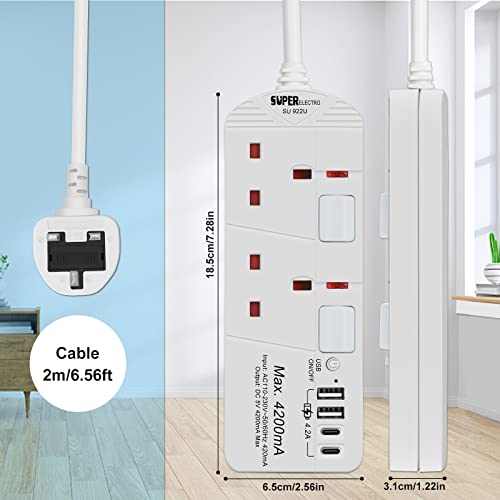 SE UKASE Extension Lead with USB Slots(5V/5A), 2 Way Plug Sockets with Individual Switches USB and Type C - Image 2