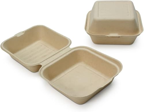 Recipientes desechables 100% compostables con tapas [6 x 6 pulgadas paquete de 50 unidades] Recipientes ecológicos para llevar, resistentes,