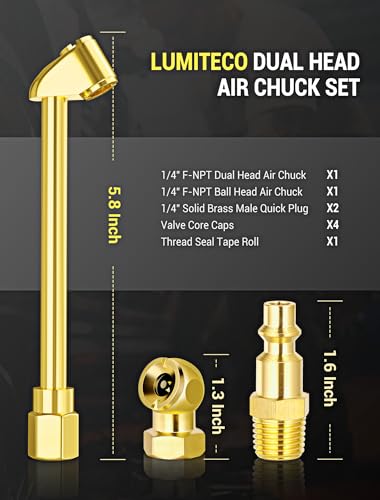 2 Way Connection Air Chuck Set - 1/4 Inch Female NPT Closed Ball Heavy Duty Dual Head and Standard Male Quick Plug Tire Air Fill Kit