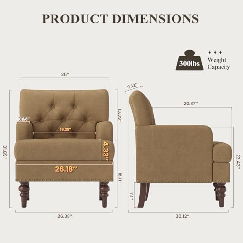 Image of MALOL Upholstered Accent Chair Set of 2, Comfy Reading Chair for Living Room, Mid Century Modern Armchair with Thick Cushion & Solid Rubberwood Legs, for Bedroom /Small Spaces, Brown