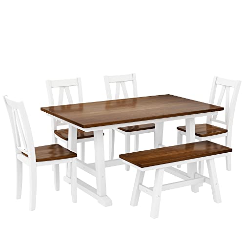 Lz Leisure Zone Dining Table Set, 6-Piece Wood Dining Room Set, Farmhouse Style Kitchen Table Set With Long Bench And 4 Dining Chairs, Walnut+White #TOP3