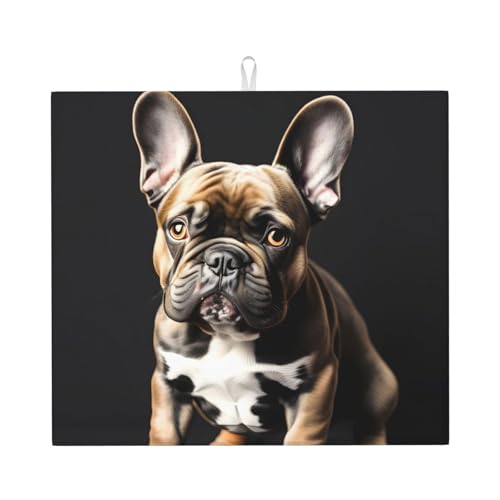 Tapete de secado de platos con estampado de bulldog francés de orejas largas que absorbe el agua para encimera de cocina, accesorio para fregadero