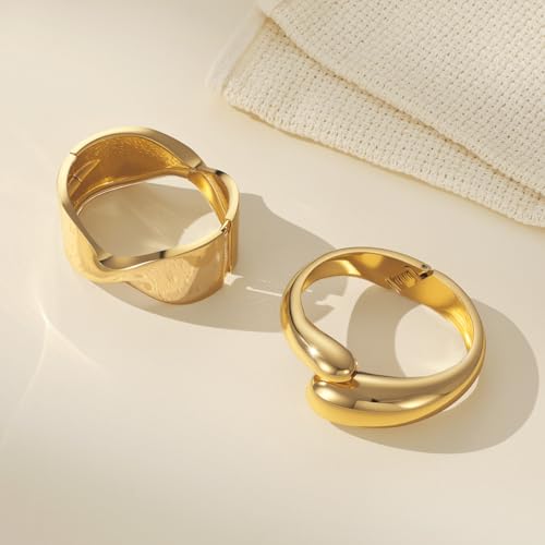 Emibele Gold Bangle Cuff Bracelet Stack, Chunky 18K Gold Plated Teardrop Hinged Thick Bangle Bracelet Set, Non Tarnish Bracelets for Women, 2 Pack, Gold by Emibele - Used condition - Image 8