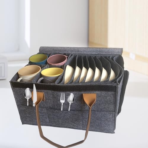 Caravan Plate Holder, Multipurpose Felt Camping Storage Bag with Divider, Large Capacity Campervan Dinnerware Storage Solutions for Motorhome Mobile Home Kitchen Cookware