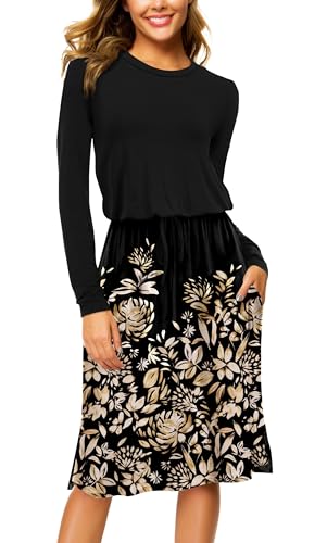 Image of Simier Fariry Women Fall Long Sleeve Pocket Casual Midi Knee Dress Gold Floral Black XXL