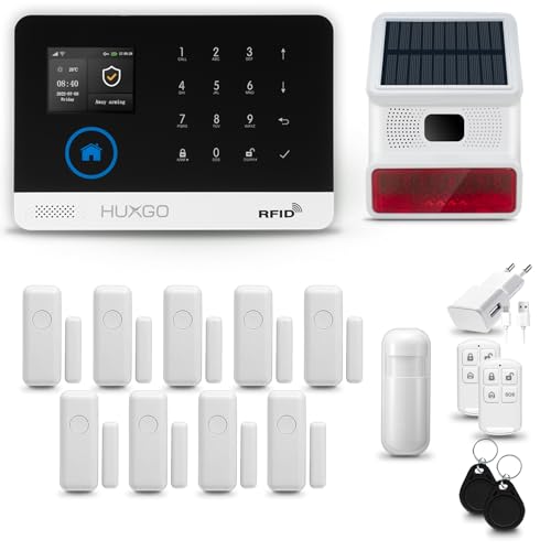 HUXGO® HXA003 Alarme Maison sans Fil WiFi + GSM avec Sirène Solaire exterieure sans Fil | Système d'alarme avec détecteur de Mouvement, 9X capteurs de...