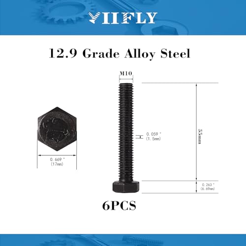 Image of M10x1.5 x 55mm Hex Head Screws Bolts, 12.9 Grade Alloy Steel, Hexagon Head Bolts, Black Oxide Finish, Full Thread, Quantity 6