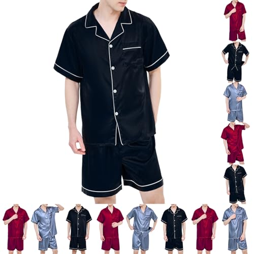 Satin Silky Men's Pajama Sets Short Sleeve Classic Sleepwear with Pockets Plus Size Lounge Set Pj Set Loungewear