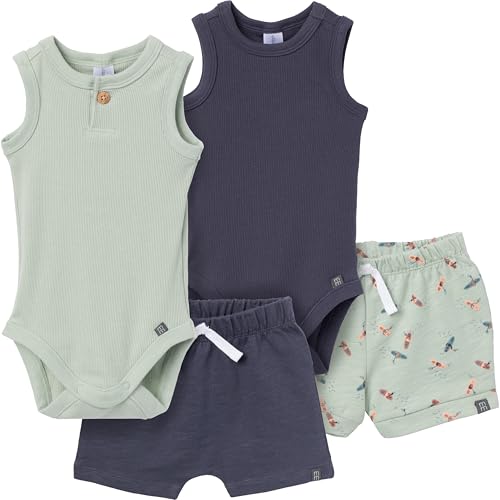 Modern Moments by Gerber Baby Boys\' Ribbed 4-Piece Sleevless Bodysuit & French Terry Short Set, Green/Navy, 18 Months