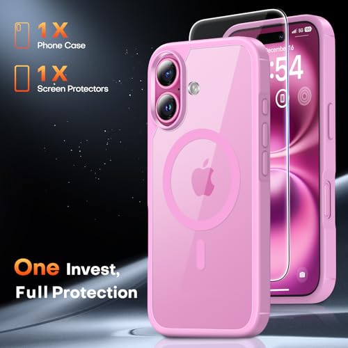 Image of TAURI for iPhone 16 Case, Compatible with MagSafe, Pink | with Screen Protector, Not-Yellowing Military-Grade Protection, Shockproof Slim Magnetic Case for iPhone 16