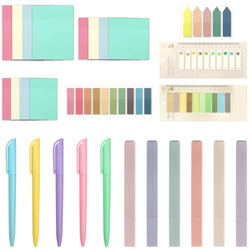RoyalChic Transparente Haftnotizen Set, 1300 Stück PET Haftnotizen mit 6 Pastell Textmarker & 5 Kugelschreiber, Rückstandslos für Studium, Büro, Bibelnotizen & Schulplaner
