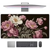 Floral Desk Mat Gaming Desk Pad Large Mouse Pads, Black Peony XXL Mouse Mat Laptop Keyboard Pad Desk Matt Computer Protector for Desktop with Non-Slip Base and Stitched Edge 31.5 x 11.7 in