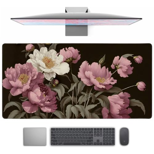 Floral Desk Mat Gaming Desk Pad Large Mouse Pads, Black Peony XXL Mouse Mat Laptop Keyboard Pad Desk Matt Computer Protector for Desktop with Non-Slip Base and Stitched Edge 31.5 x 11.7 in