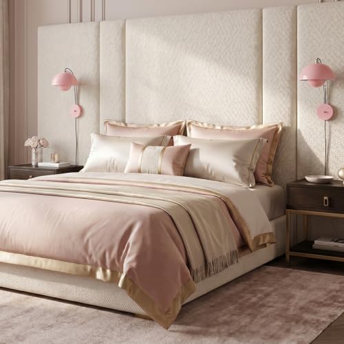 Image of COSYLUX Mid-Century Modern Bud Plug in Wall Sconces for Bedroom, Light Pink | Indirect lighting reading wall lamp, all-metal construction, plug-in or hardwired install, fits bedroom bedside, living room