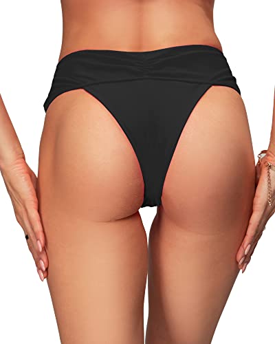 Afoliry Women's V Cross High Cut High Leg Brazilian Cheeky Thong Bikini Bathing Suit Bottoms Black #TOP4