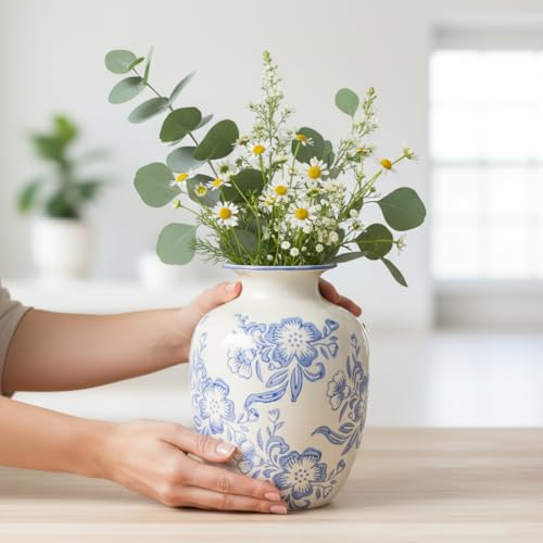 Wancetang Blue and White Chinoiserie Vase for Home Decor- 7 Inch Ceramic Floral Vase for Pampas Grass, Night Stand, Coastal, Kitchen Island, Dining Table Decor
