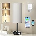 Fenmzee Grey Touch Bedside Lamp for Bedroom - 3 Way Dimmable Table Lamp USB C Charging Ports and AC Outlet, Small Desk Lamp for Living Room, Office, LED Bulb Included