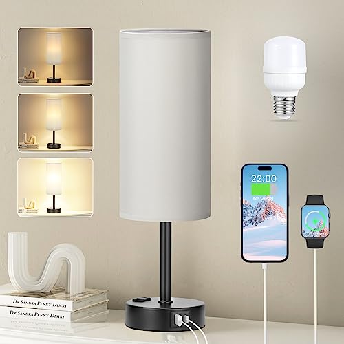 Fenmzee Grey Touch Bedside Lamp for Bedroom - 3 Way Dimmable Table Lamp USB C Charging Ports and AC Outlet, Small Desk Lamp for Living Room, Office, LED Bulb Included by Fenmzee - Used condition - US$22.87
