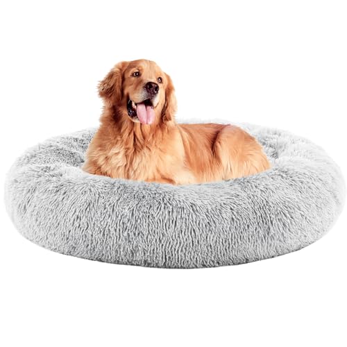 DUMOS 37.4x37.4 Inch Calming Donut Dog Beds for Large Dogs, Machine Washable Cuddler Warming Cozy Fluffy Faux Fur Plush Round Pet Bed Medium Sized Bed for Indoor Dogs and Cats, Grey