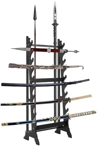 huyear 10 Tier Sword Display Stand Floor with 3 Spear Holes,Wood Sword Rack Floor Stand,Sturdy Katana Sword Holder Floor Stand,Black Samurai Sword Stand for All Kinds of Swords & Spears Display