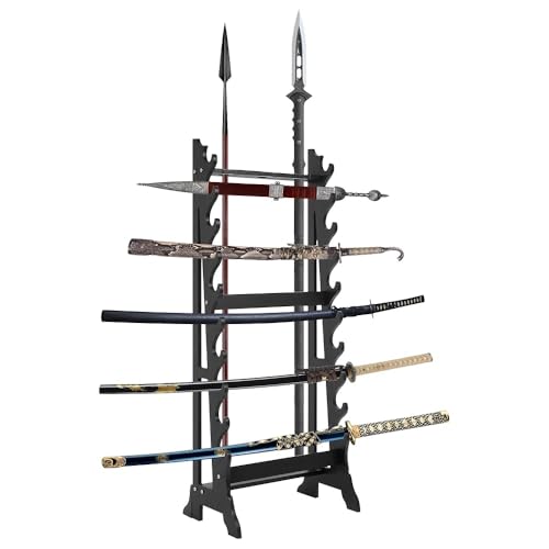 huyear 10 Tier Sword Display Stand Floor with 3 Spear Holes,Wood Sword Rack Floor Stand,Sturdy Katana Sword Holder Floor Stand,Black Samurai Sword Stand for All Kinds of Swords & Spears Display