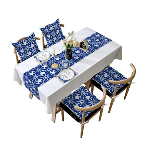 Camino de mesa de lino, camino de mesa de comedor, moderno patrón geométrico, azul y blanco, 13 x 59 pulgadas