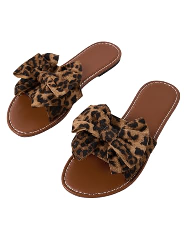 GORGLITTER Womens Bow Cheetah Summer Flat Sandals Leopard Dressy Open Toe Trendy Slide Sandals 2026 Brown 9