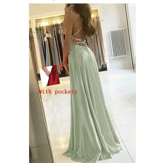 Women's Long Spaghetti Strap Satin Prom Dress - Sleeveless Ball Gown With Thigh Slit & Pockets