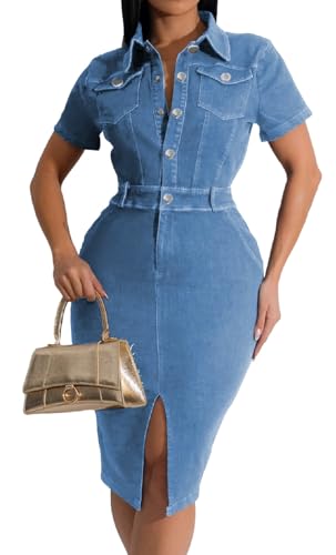 Image of SeNight Women Denim Dresses Elegant Sexy Short Sleeve Jean Party Dress