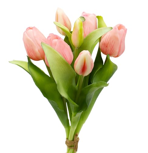 mucplants künstliche Tulpen Tulpenbündel mit 4 Tulpen und 3 Tulpenknospen real Touch (Rosa)
