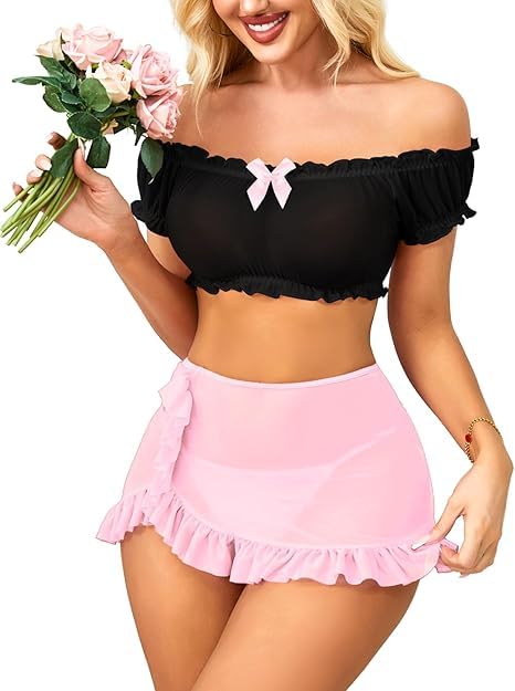 Women’s Sexy Off-Shoulder Babydoll Lingerie Set – Sheer Mesh Crop Top & Ruffled Mini Skirt Nightwear (Black & Pink, Free Size)