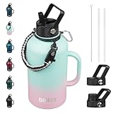 BJPKPK Half Gallon Insulated Water Bottles with Straw Lid & Side Handle, 64oz Large, Stainless Steel Water Bottles with 3 Lids and Paracord Strap, Metal Water Jug,Marshmallow