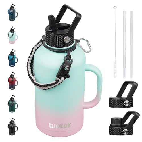 BJPKPK Half Gallon Insulated Water Bottles with Straw Lid & Side Handle, 64oz Large, Stainless Steel Water Bottles with 3 Lids and Paracord Strap, Metal Water Jug,Marshmallow