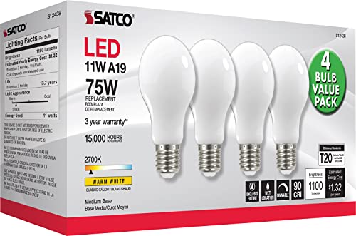 Image of Satco S12438 A19 LED 4-Bulb Value Pack, 75W Replacement, 2700K, White