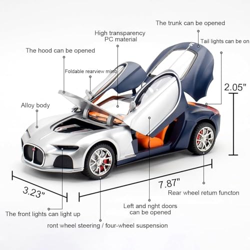 Image of 1:24 Scale Bugatti Toy Car for Kids Atlantic Model Diecast Metal Car for Kids Light Sound Pull Back Openable Door