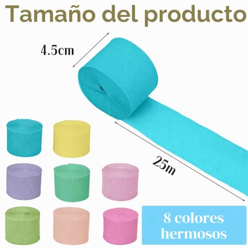 Miniatura 2 de Forbabe 8 Rollos De Papel Crepé Multicolor De 4,5 Cm X 25 M, Cinta Crepé De Macaron Multicolor Para Decoraciones De Fiesta, Cumpleaños, Baby Shower Y Bodas, Papel Crepé Para Decoración De Eventos Y