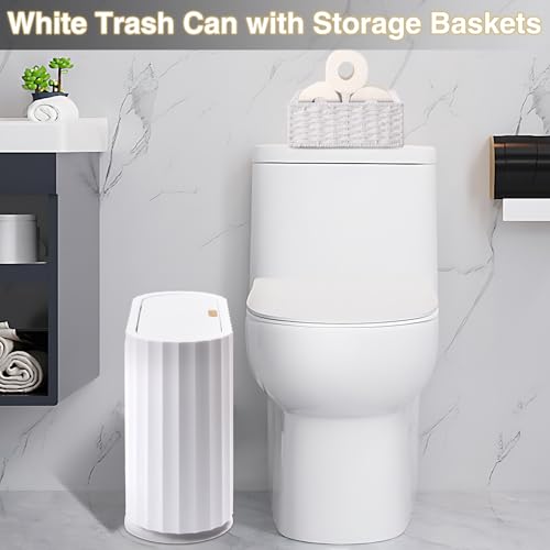 XLHOMO Small Bathroom Trash Can with Press Type Lid, 2Pcs Wicker Storage Baskets,Slim White Garbage Can,Slim Plastic Narrow Trash Bin 2.6 Gallon Garbage Bin for Office, Bedroom by XLHOMO - Image 4