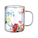 Vaso de vidrio de doble pared – 250 ml, diseño de flores secas, cristalería de borosilicato aislante, elegante taza de café con flores | Ideal para té, café, zumo, leche, agua, para servir bebidas en