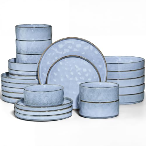 E-far Stoneware Dinnerware Set, 24-Piece Plates and Bowls Sets for 6