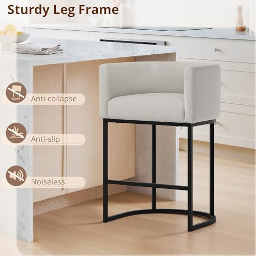 Image of LUE BONA Counter Height Bar Stools Set of 6, Modern Barrel Counter Stools with Backrest and Arms, Black Metal Frames, Linen Fabric Upholstered Accent Barstools for Kitchen Island, Light Gray
