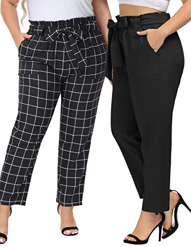 Hanna Nikole Women's Plus Size Elastic Waist Self-Tie Belted Pencil Pants Ankle Length Casual Pants with Pockets3