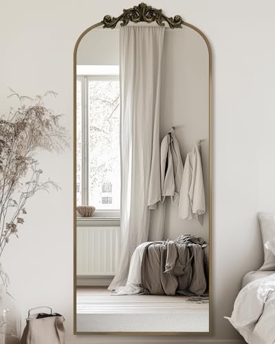 Antok Arched Full Length Mirror, 65"x22" Floor Mirror with Carved, Full Body Mirrors for HomeDecor, Standing/Halling Large Wall Mirror for Bedroom, Living Room, Cloakroom, Bronze, Retro Style