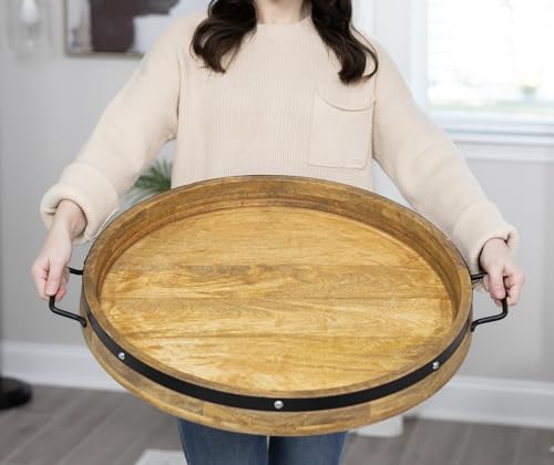 24" Extra Large Round Ottoman Tray, Heavy Duty Mango Wood, for Serving Tea, Breakfast in Bed, Living Room Large Coffee Table Tray Rustic with Farmhouse Style, Decorative Handles and Accent Strap by A Sight Beyond - Used condition - US$89.98