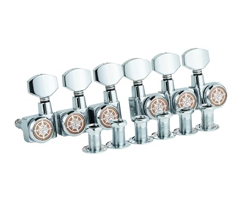 Image of Guyker Guitar Locking Tuners(3 Right + 3 Left Handed), 1:18 Lock String 6 In-line Tuning Key Pegs Machine Heads for Folk Classical Acoustic Electric Guitar - GK434, Chrome